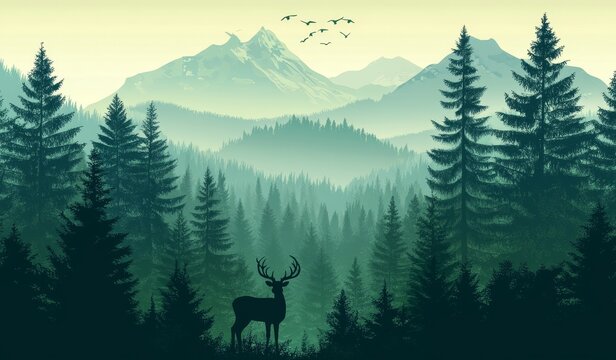 A modern landscape with an atmospheric quality features the silhouettes of mountains, hills, a forest, and two deer