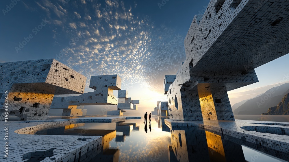 Poster modern abstract concrete architectural structure with geometric shapes and reflections under sunset 