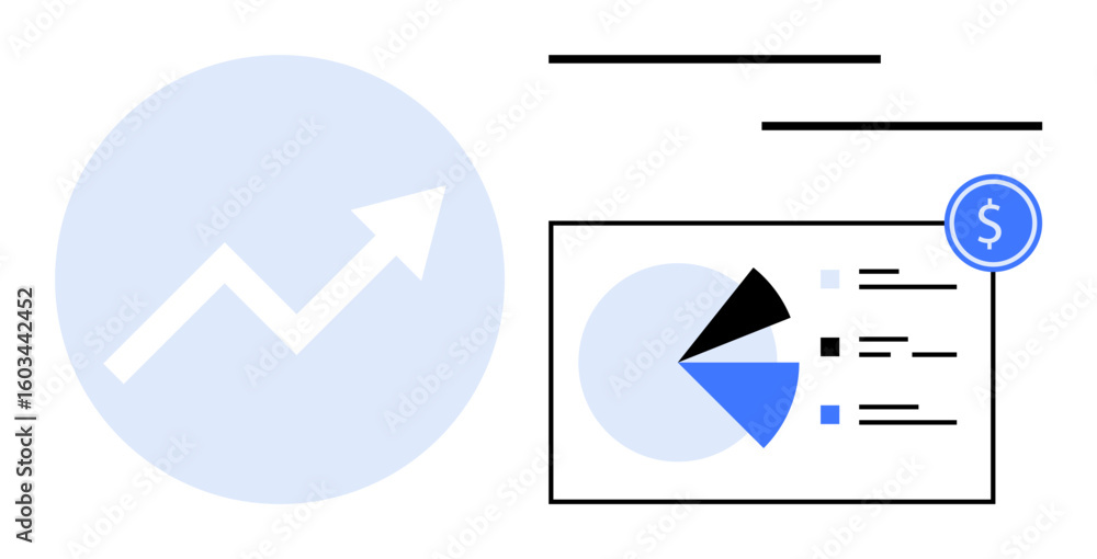 Poster arrow indicating growth within circle next to analytics dashboard featuring pie chart and list with 