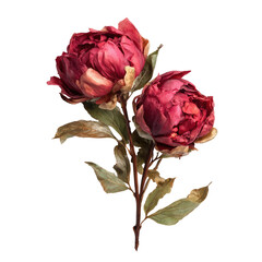 Two deep crimson peonies on a stem with autumnal foliage