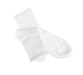 Pair of comfortable socks isolated on white, top view
