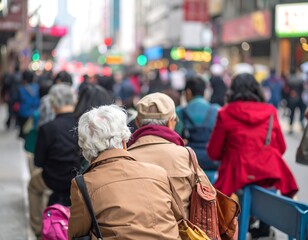 Crowded city street, people waiting