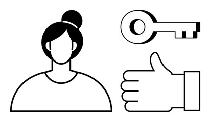 Female avatar, vintage key, and thumbs-up symbol. Ideal for security, approval, access, user profiles, recommendations, permissions simple landing page