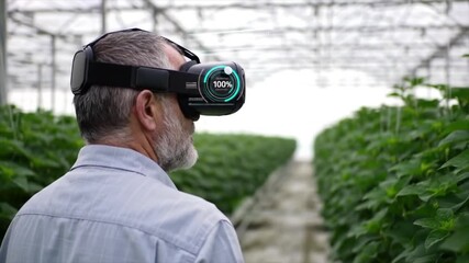 Farmer using a VR headset to monitor crops in a futuristic greenhouse. - Powered by Adobe