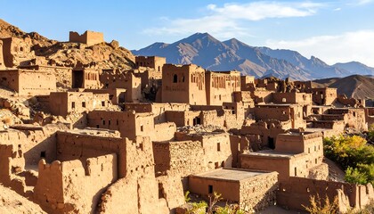 Ancient adobe village nestled in a mountain valley
