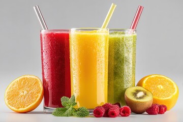Fototapeta premium Assorted Fruit Smoothies with Fresh Citrus Kiwi and Raspberries in Clear Glasses on Grey Background