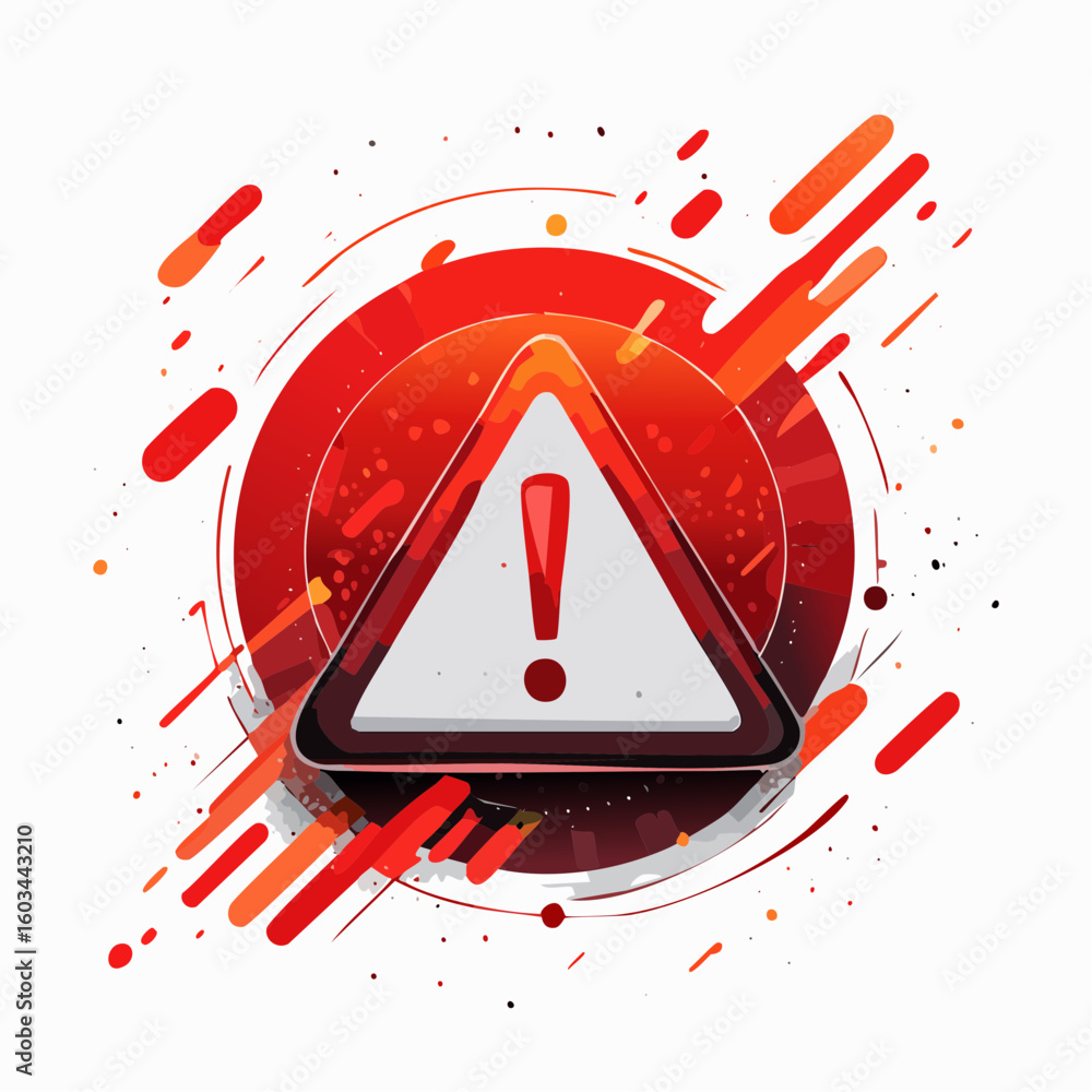 Poster a stylized illustration of a warning sign with an exclamation point, surrounded by dynamic red and o