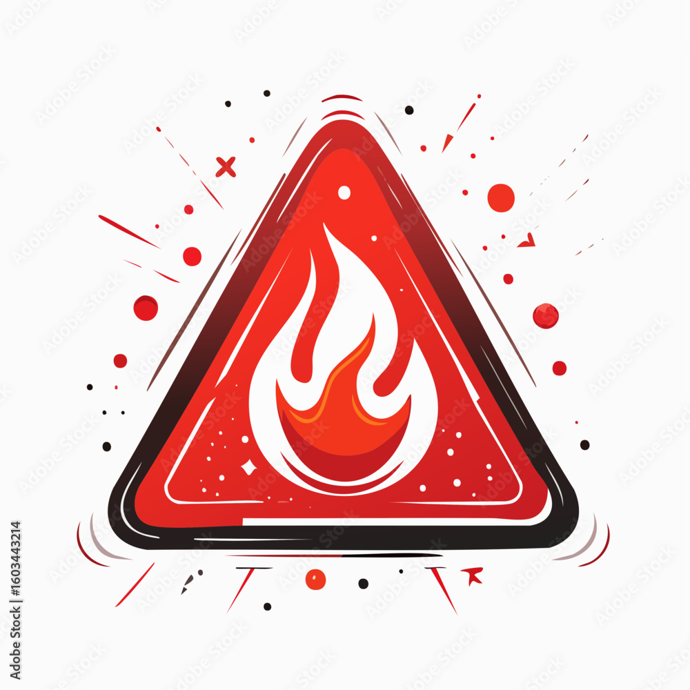Poster a red triangular warning sign featuring a stylized flame inside, surrounded by abstract decorative e