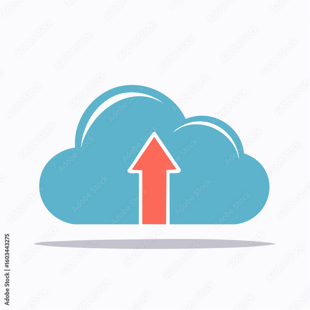 Poster simple illustration of a blue cloud with a red upward-pointing arrow, representing uploading.