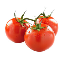 Three glossy red tomatoes, clustered together, with visible water droplets and stems