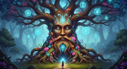 Fototapeta premium Enchanted forest tree with human face and glowing symbols nature fantasy