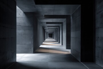 Modern geometric concrete tunnel corridor with repetitive rectangular archways in diminishing perspective, minimalistic architectural design