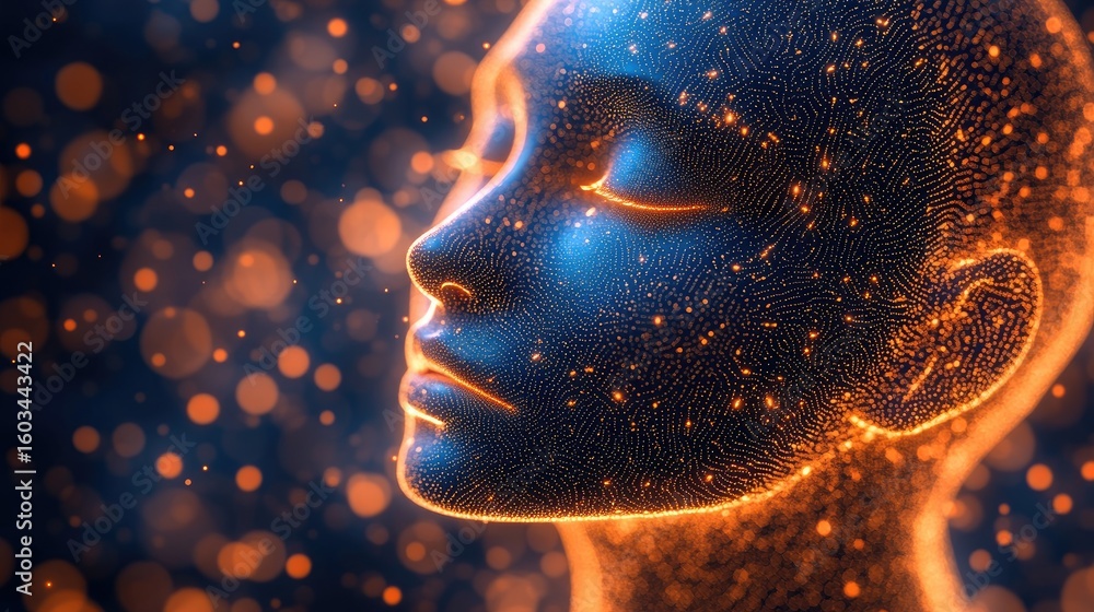 Poster digital human profile with glowing particle effect showcasing futuristic ai technology