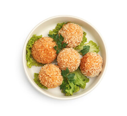Delicious fried croquette balls with parsley and lettuce isolated on white, top view