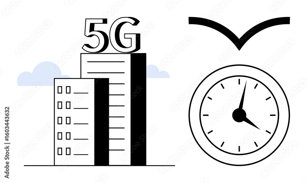 Poster high-rise building with 5g text symbolizing cutting-edge technology, with a clock and arrow denoting