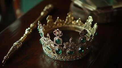 Ornate Gold Crown Adorned With Green Gems And Scepter