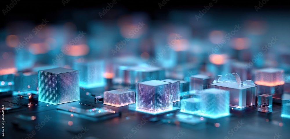 Poster futuristic digital cityscape with illuminated cubes and structures showing advanced technology and c