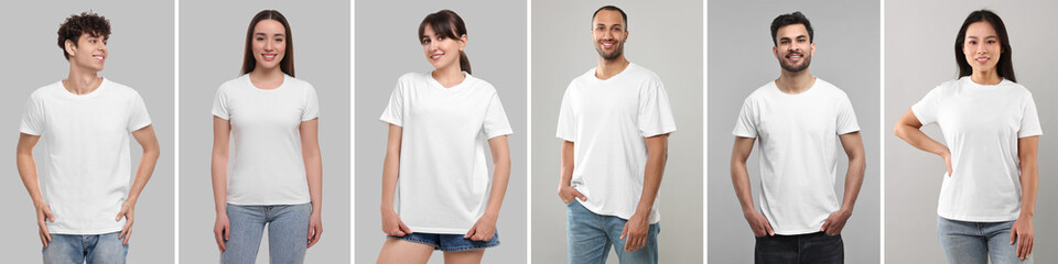 Different people in white t-shirts against grey background. Mockup for design