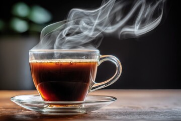 Hot steaming black coffee in a clear glass cup on a rustic wooden table with blurred background for morning refreshment and beverage relaxation