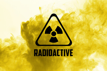 Radioactive sign and yellow toxic smoke against white background