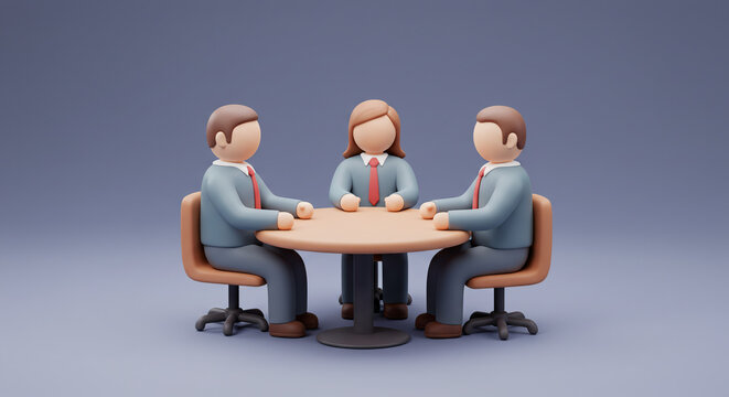 A team of 3D business characters, featuring a businesswoman and two businessmen, engaged in a professional meeting around a table. Concept of corporate collaboration and discussion. - Powered by Adobe
