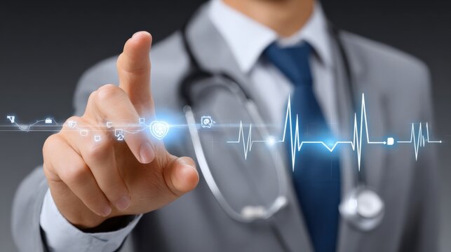 Professional doctor in a modern medical facility interacting with futuristic digital interface and healthcare data visualization for innovation