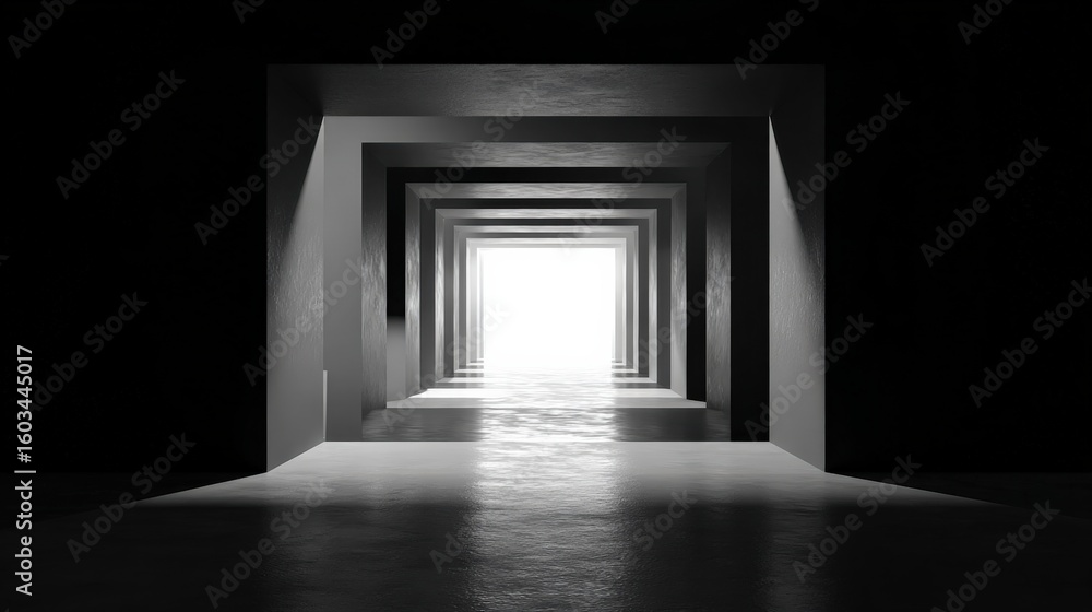Poster long modern tunnel with rectangular archways leading to bright light at end in minimalistic monochro
