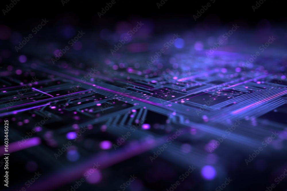 Poster futuristic digital circuit board with glowing purple data nodes and high-tech connectivity illustrat