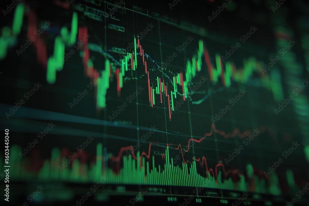 Poster dynamic stock market graph showing financial data trends and digital trading lines with colorful can