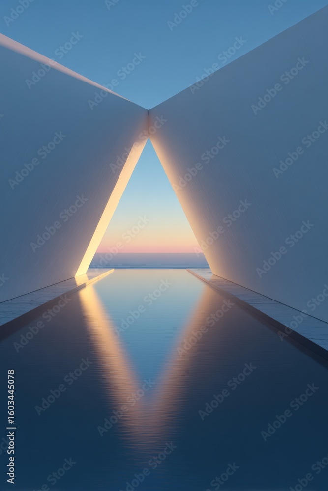 Poster modern minimalistic architectural structure with triangular opening and dramatic sunset sky reflecte