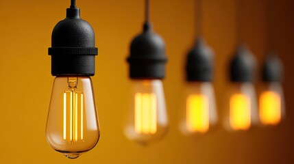 Close-up of vintage-style Edison filament light bulbs hanging in a row with warm yellow background, creating a cozy and industrial ambiance