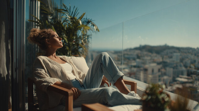 A woman relaxing on her balcony, with a floating AI-generated ambient music visualizer syncing with the breeze and city sounds.