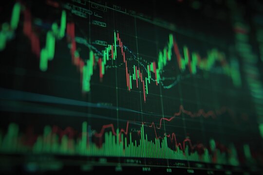 Dynamic stock market graph showing financial data trends and digital trading lines with colorful candlestick charts and line charts on screen