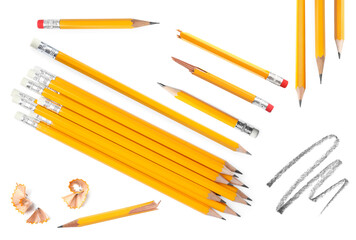 Pencils and shavings on white background, set