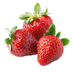 Close-up of three fresh, ripe strawberries, displaying vibrant red color and small seeds.  Green leaves are visible attached to the fruit