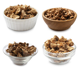 Pieces of dry chicory root in bowls isolated on white, set
