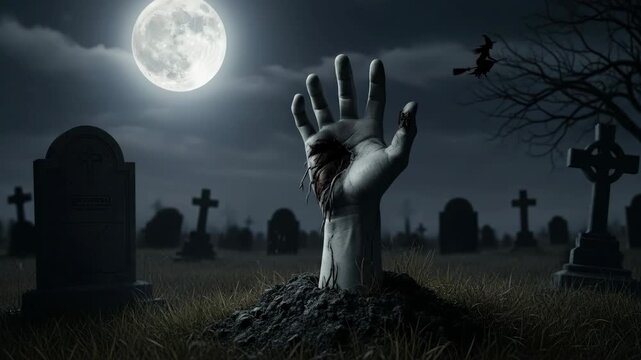 Spooky Zombie Hand Rising from a Halloween Graveyard