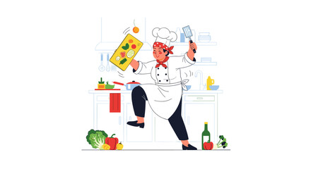 Fototapeta premium Chef in kitchen juggling cutting board and spatula with vegetables and cooking utensils around him