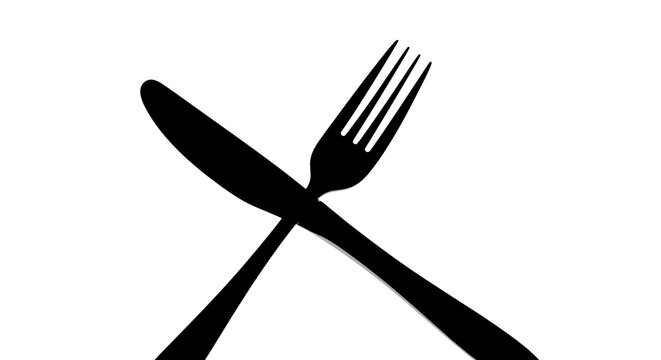 Black silhouette of a fork and knife crossed over each other on a white background in a simple illustration