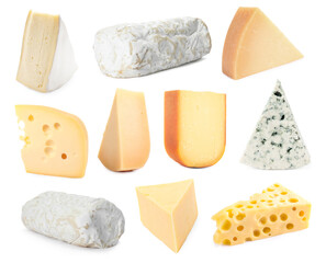 Different types of cheese isolated on white, set