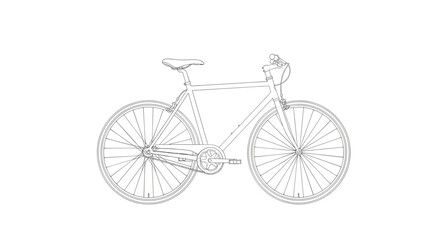 Detailed line drawing of a bicycle featuring the frame wheels pedals and handlebars on a white background