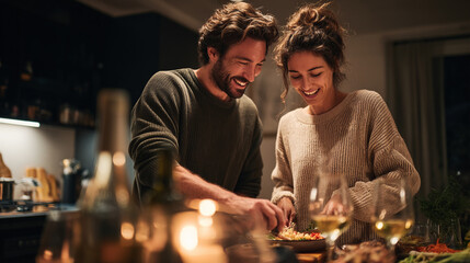 A couple cooking dinner together, checking a shared holographic meal planner and wine pairing suggestions. 