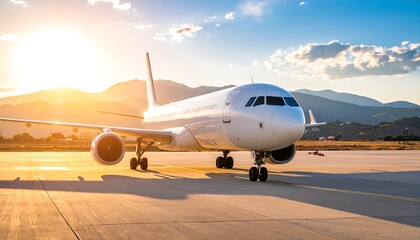 Obraz premium Airplane on tarmac at sunset