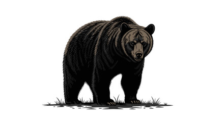 Illustration of a standing bear with dark fur and a light gray face looking forward on a white background