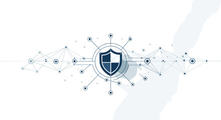 A digital shield surrounded by interconnected nodes on a network representing cybersecurity measures and data protection