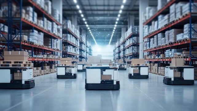 Automated guided vehicles transporting goods within a spacious digitally connected logistics center.