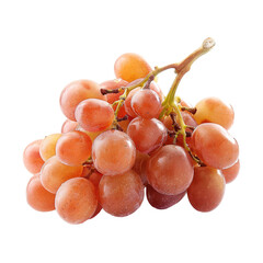 A bunch of pinkish-orange grapes.  Close-up view of plump, clustered grapes with a slightly frosted or dewy appearance.  The stem and vine are visible
