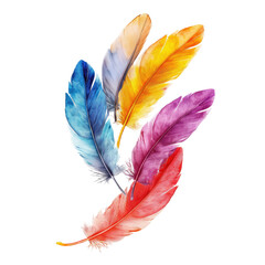 Colorful feathers in vibrant hues, overlapping,  forming a stylized cluster