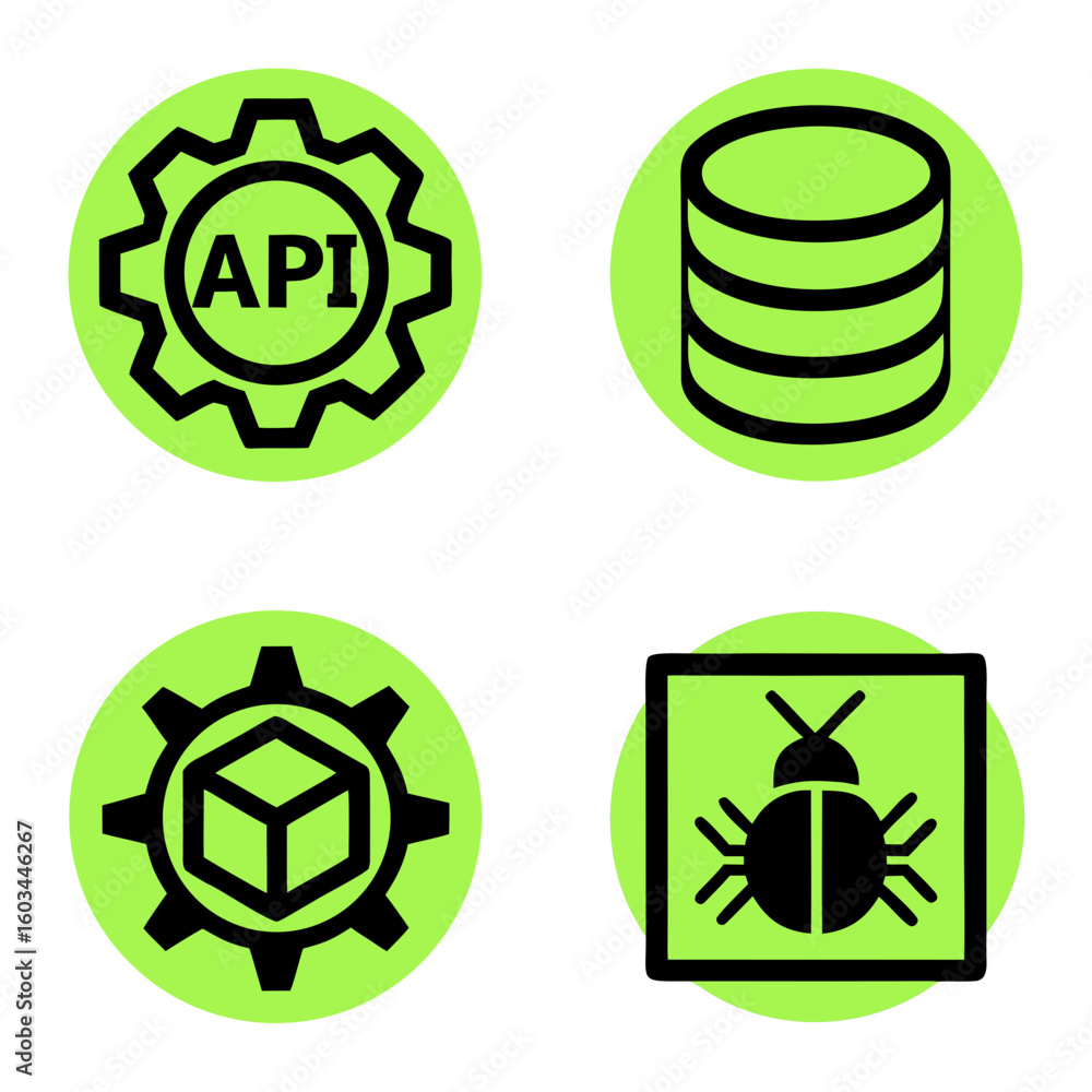 Wall mural four simple, outlined icons representing api, database, software development, and bug.