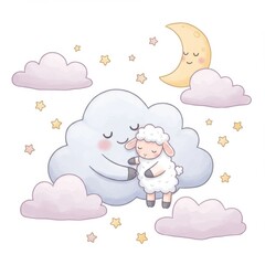Cute Sheep Sleeping on a Cloud Under the Night Sky